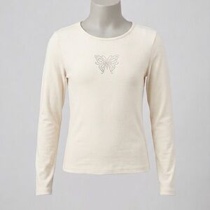 NEW Cream Long-Sleeve Girls Top with Rhinestone Butterfly